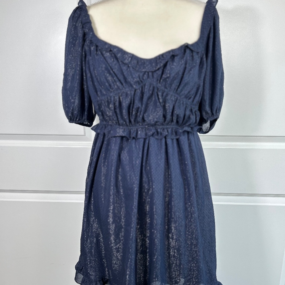 NWT Blu Pepper Dress Sweetheart Shimmer Babydoll Ruffle Puff Sleeve Navy SZ M